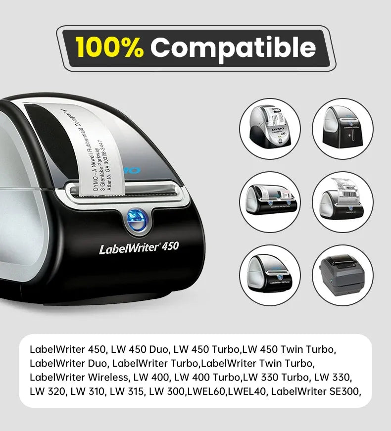 Barcode label compatibility shown for LabelWriter 450 and 450 Duo printers.