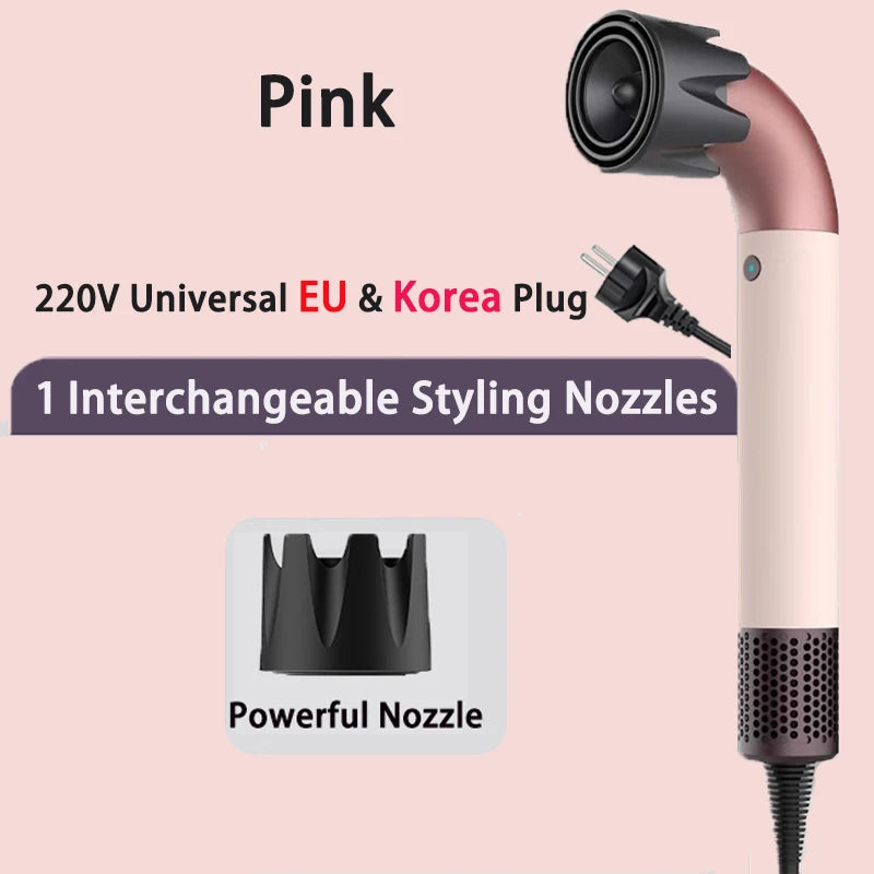 Pink 1400W fast-drying hair dryer with powerful styling nozzle, lightweight design, and EU/Korea plug.