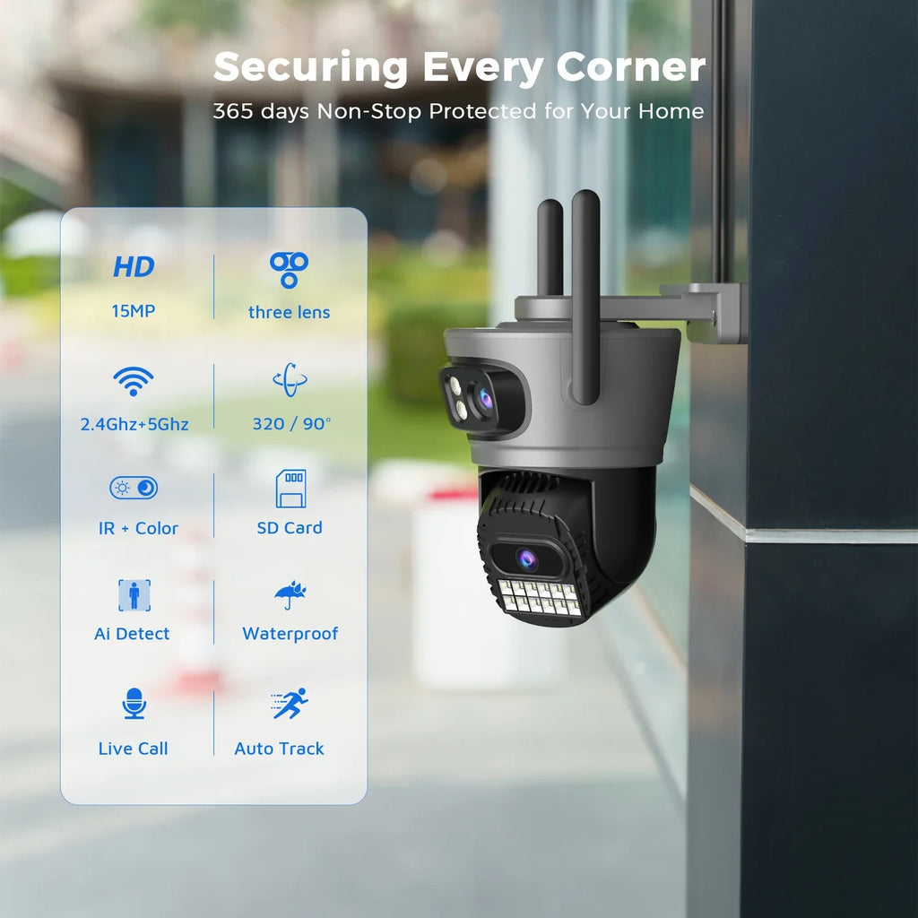 6K 15MP Three Lens Three Screens 2.4/5Ghz WiFi Outdoor Surveillance Camera 5K 10MP Dual Lens PTZ Camera Auto Tracking O-Kam Pro