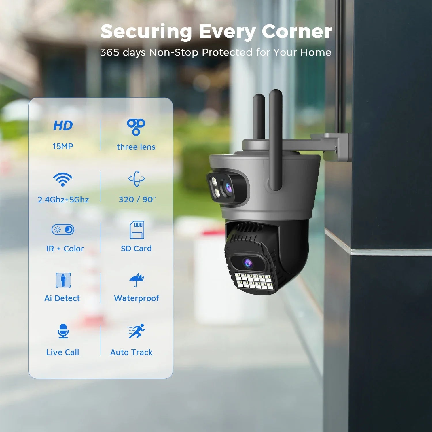 6K 15MP Three Lens Three Screens 2.4/5Ghz WiFi Outdoor Surveillance Camera 5K 10MP Dual Lens PTZ Camera Auto Tracking O-Kam Pro
