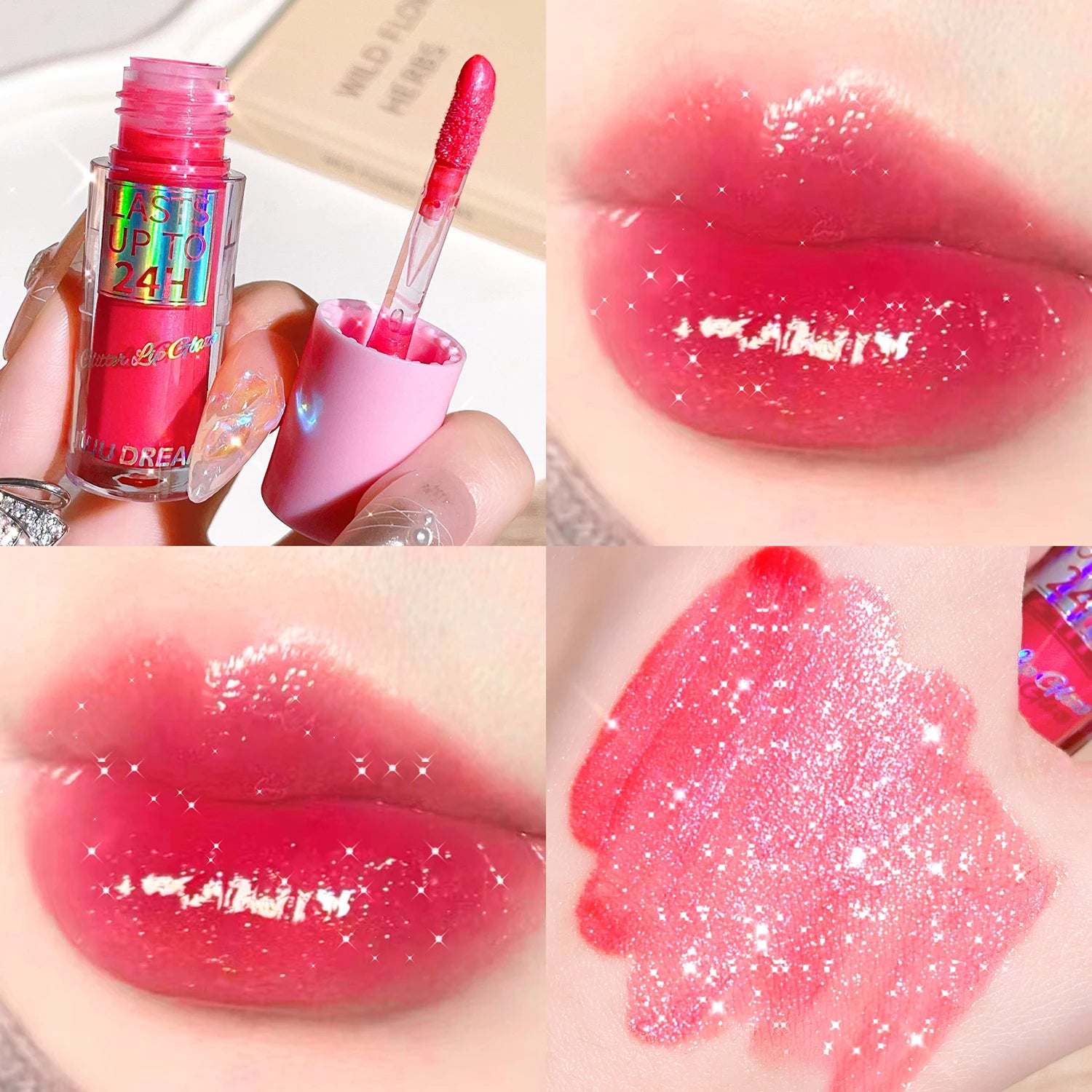 Waterproof glitter lip glaze in pink, providing a long-lasting, high-shine glossy finish for hydrated lips.