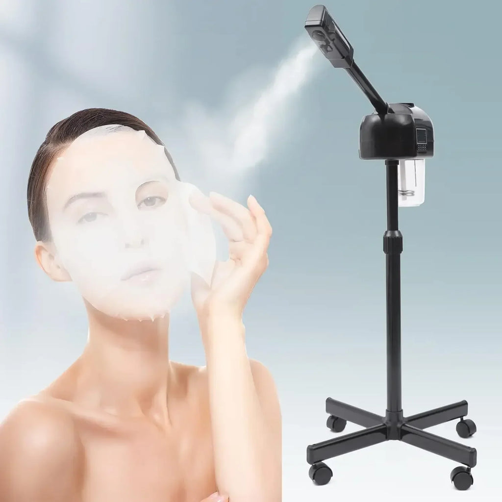 Professional black portable facial steamer with wheels, LCD screen, and adjustable height for spa or home skincare.