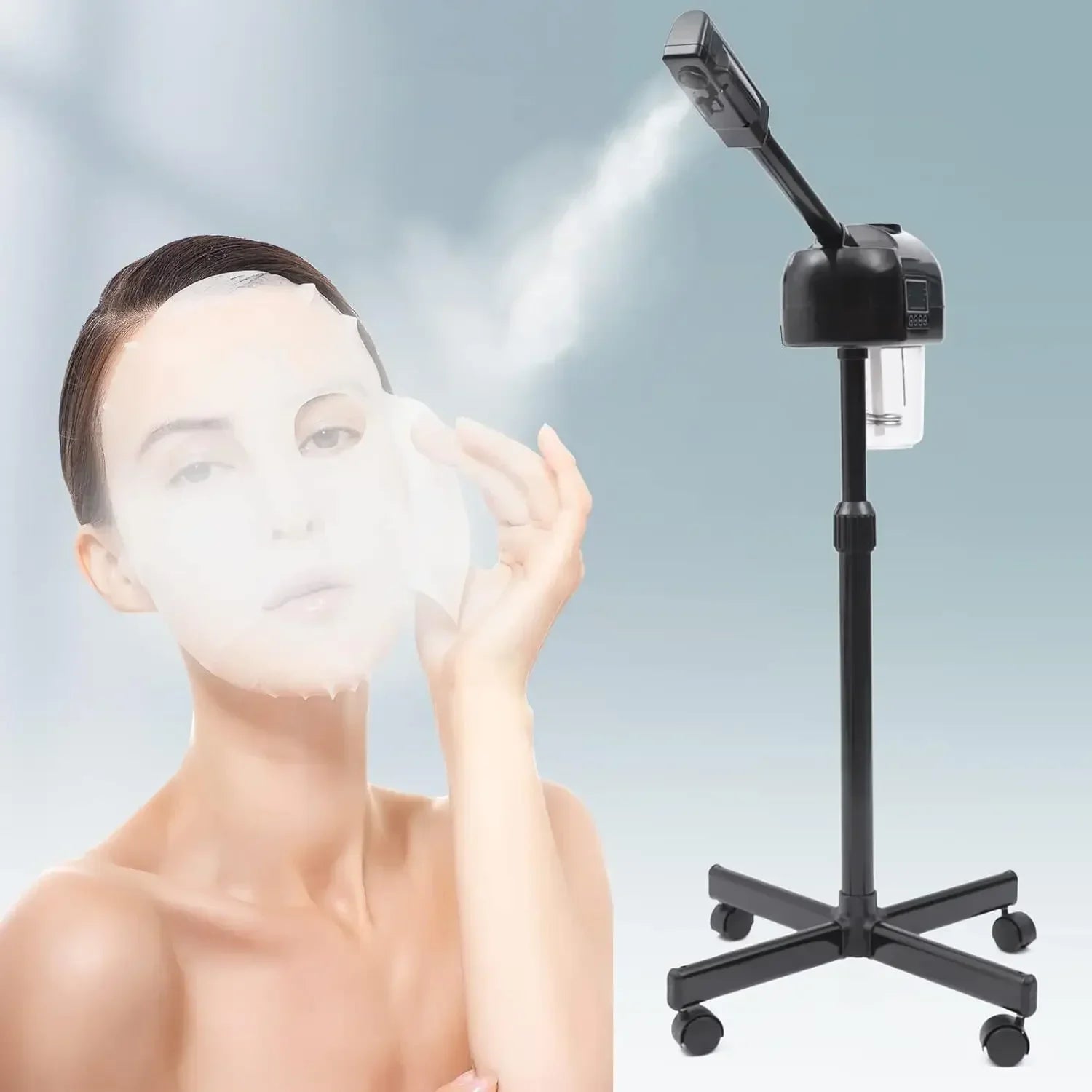 Professional black portable facial steamer with wheels, LCD screen, and adjustable height for spa or home skincare.