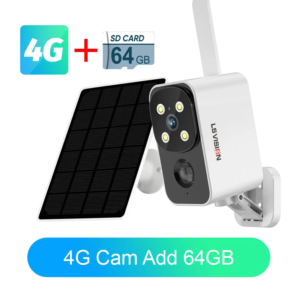 Outdoor solar security camera with solar panel, 4G icon overlay, and IR lenses