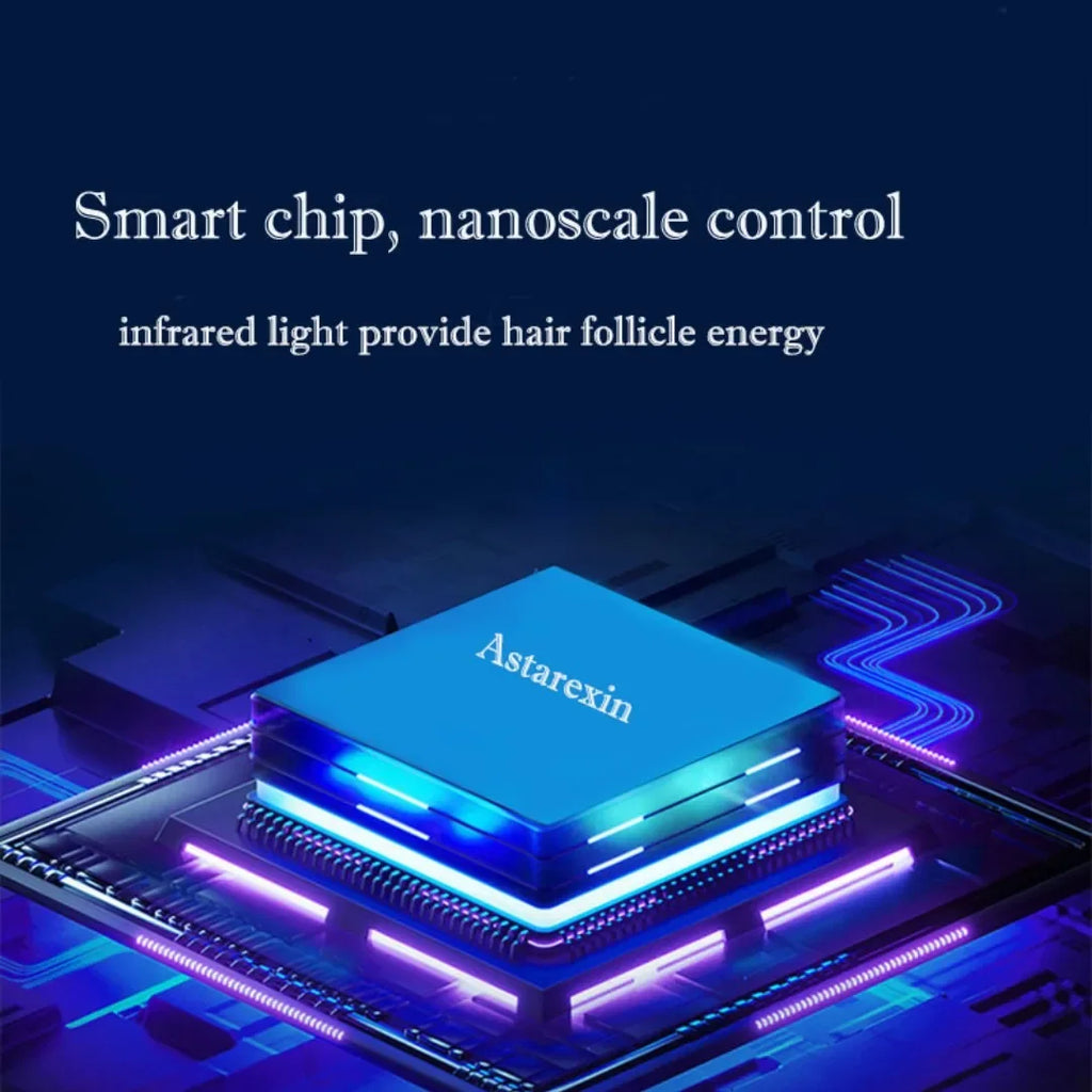 Astarexin smart chip for red light hair growth cap using nanoscale infrared technology to stimulate hair follicles.