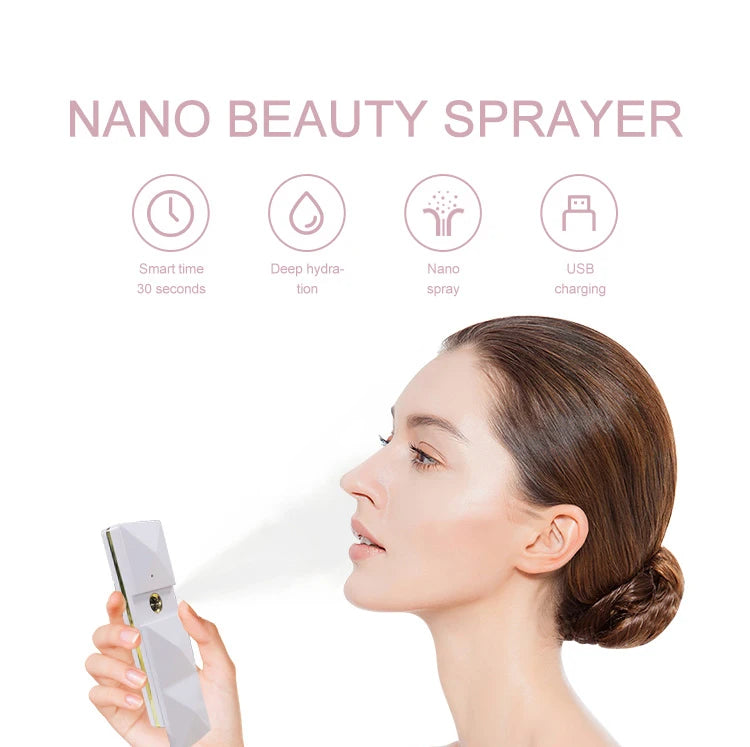 Portable white nano facial steamer mist sprayer for pore cleaning, hydrating, and eyelash extension care, USB charging.