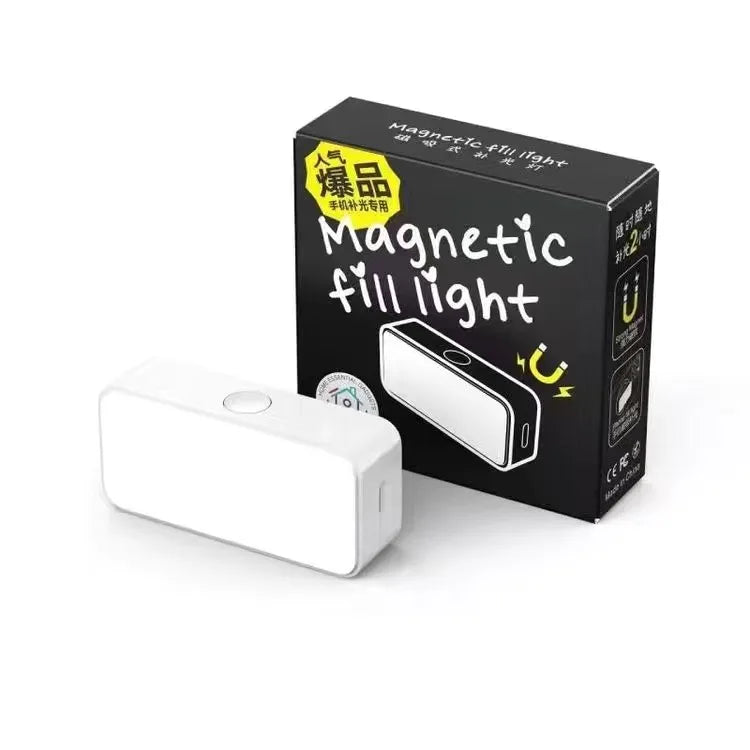 White rectangular magnetic fill light for smartphones, next to its black product packaging box.