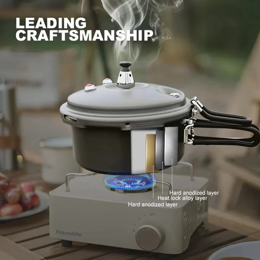 Gray pressure cooker with domed lid, side handles, and base heating layer design