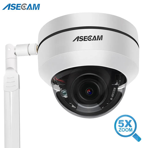 White outdoor PTZ dome security camera with black lens and swivel arm