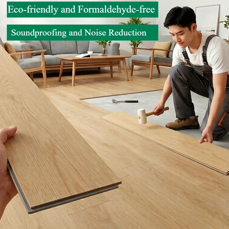 Woodgrain SPC click flooring boards being snapped together during installation