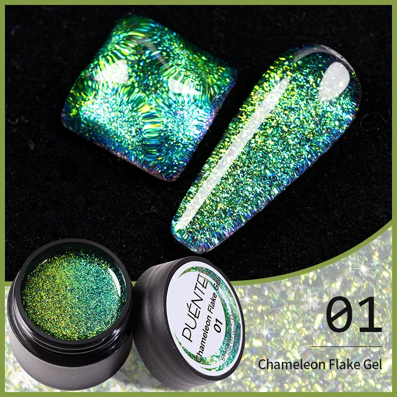 Chameleon flake nail gel in a black jar, featuring iridescent green and gold metallic flakes shown on nail swatches.