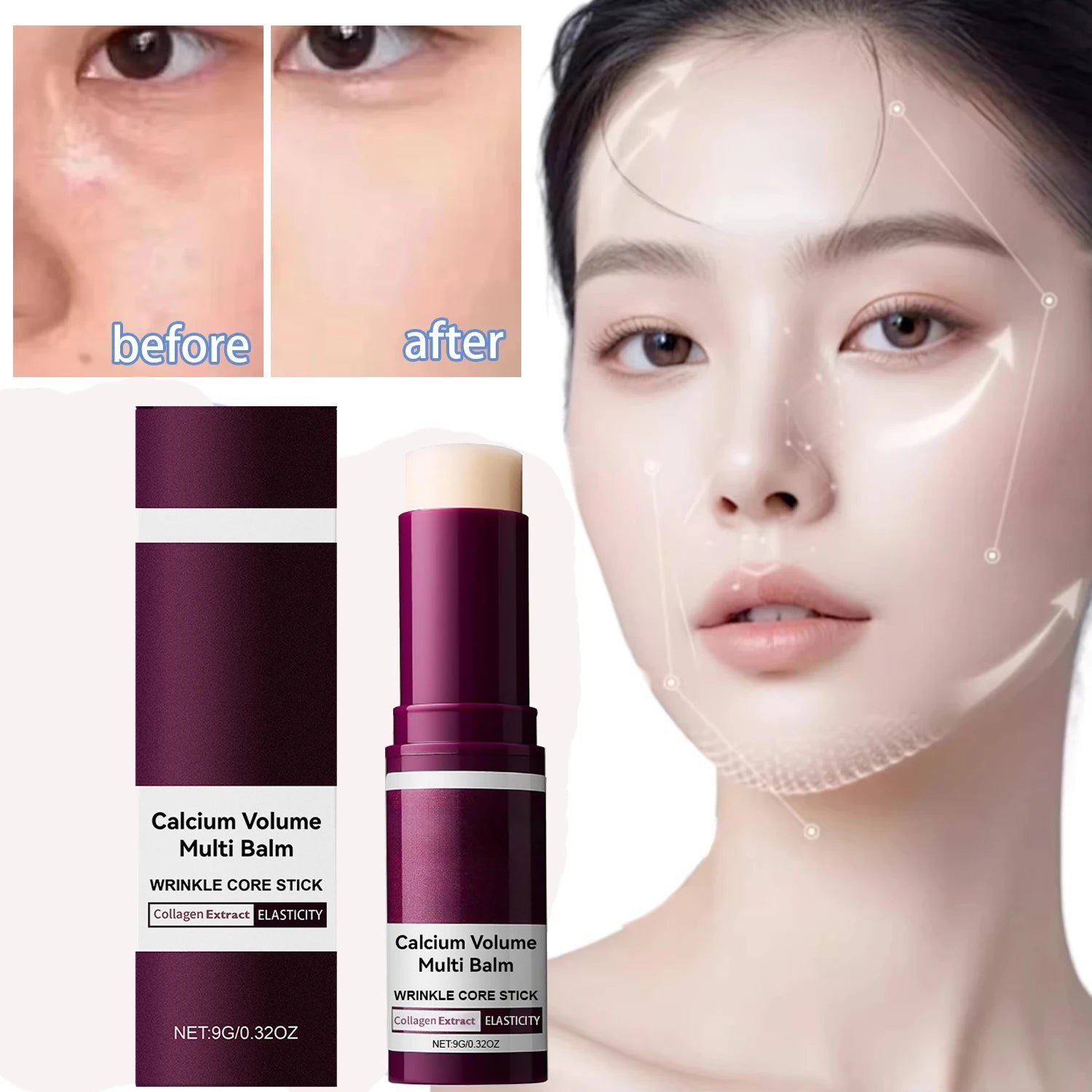 Calcium Volume Multi Balm stick with deep purple packaging next to a model showing before-and-after skin application.