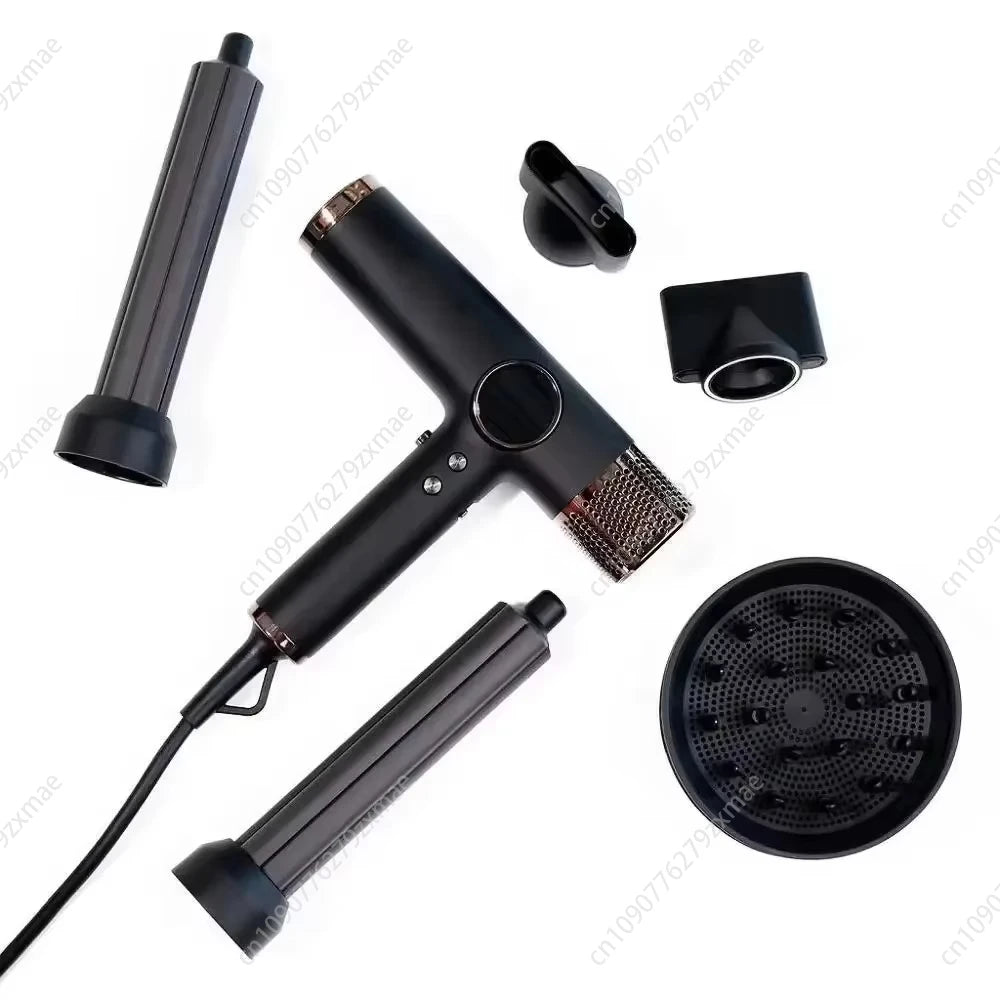 Black 1800W high-speed ionic hair dryer set with magnetic styling attachments, diffuser, and digital control display.