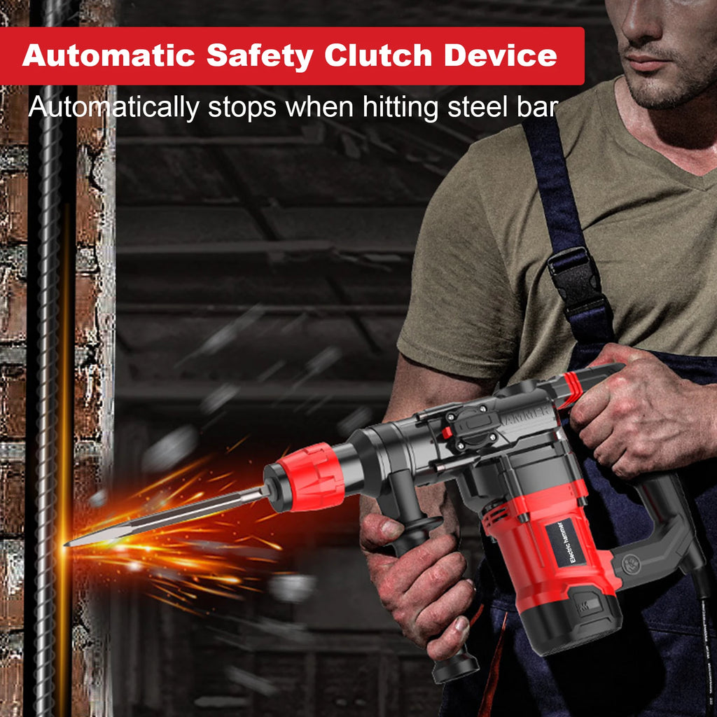 Hammer Drill, 2000W Electric Power Drill for Concrete with Safety Clutch, Vibration Control, 3 Modes Heavy Duty Concrete Tools, Includes Bits, Flat/Point Chisels Set With Case