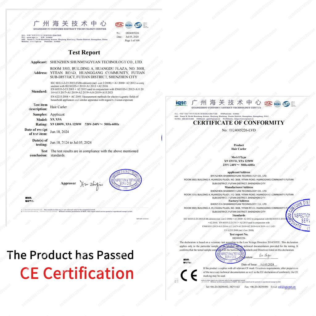 CE-certified safety test report for 1300W auto curling hair dryer, professional salon hair styler, and straightener.