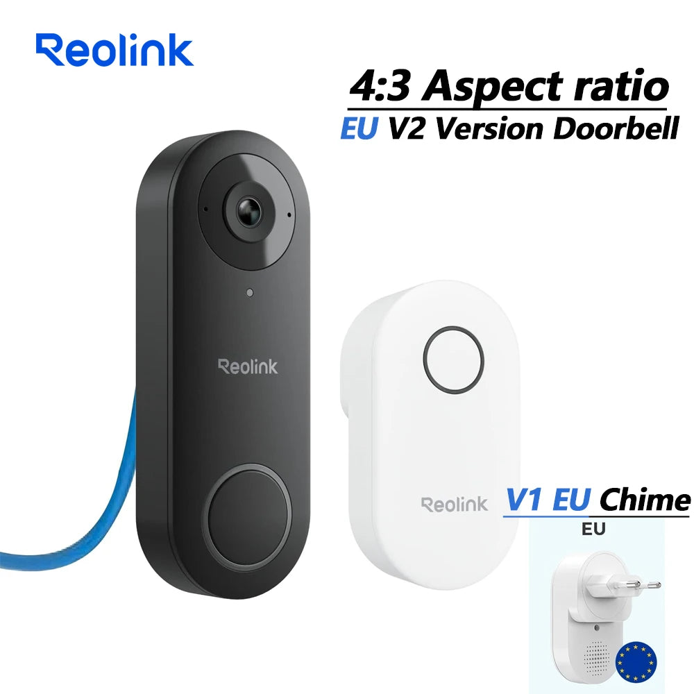 Black PoE video doorbell with EU V2 version and white V1 EU chime unit