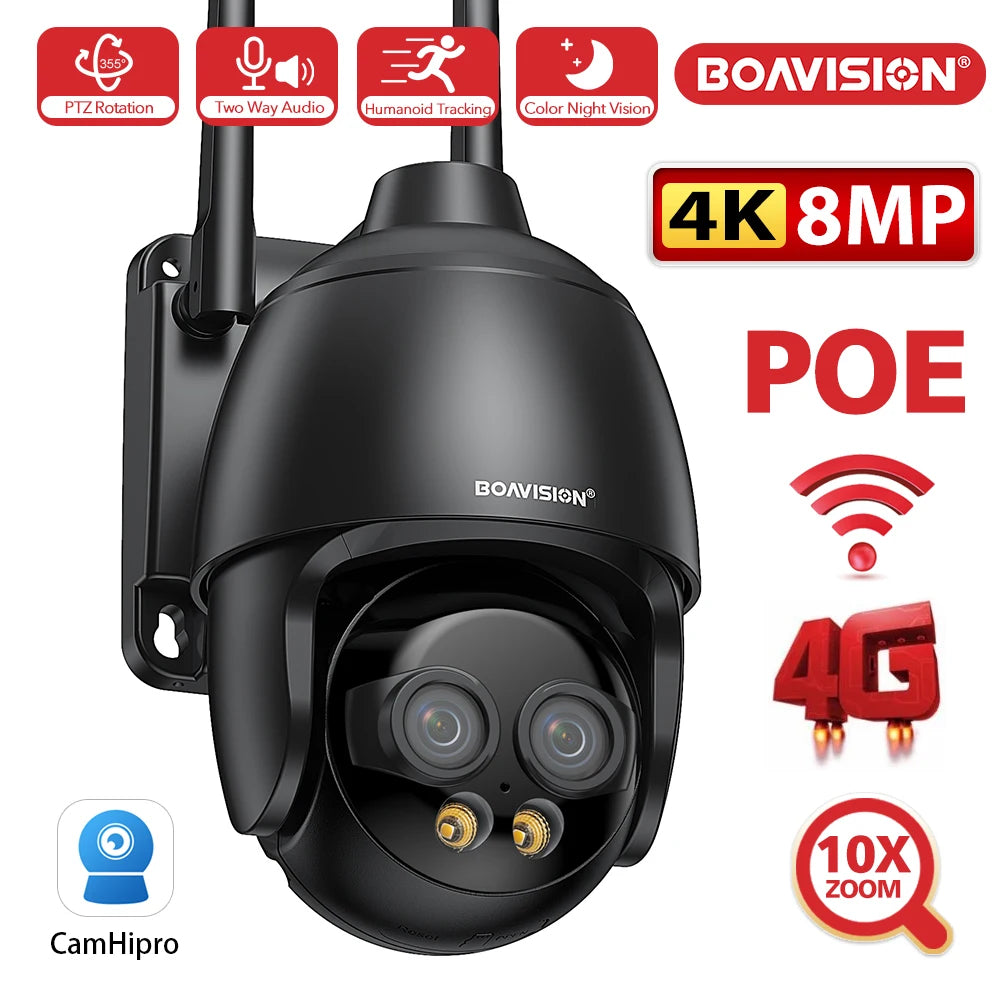 HD 8MP WIFI/4G SIM Card/POE Surveillance Camera 10X Digital Zoom AI Humanoid Detection Auto Tracking 2.8mm 8mm Dual Lens Camera