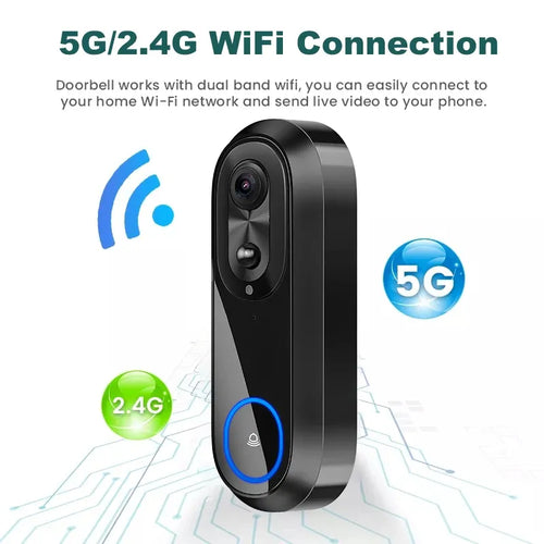 Black 5G WiFi doorbell camera with blue LED ring and visible lens