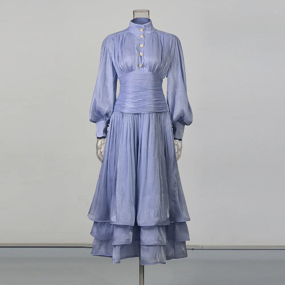 VGH Beach Style Solid Casual Short Dresses For Women Stand Collar Long Sleeve High Waist Spliced Button Chic Dress Female New