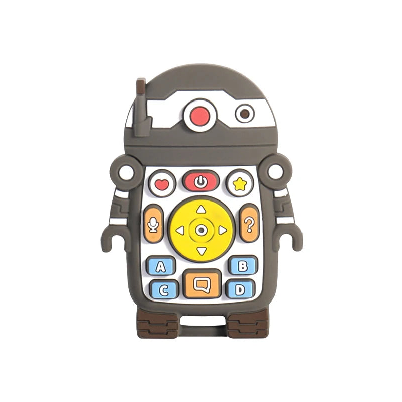 Grey robot silicone baby teething toy for infant pain relief.