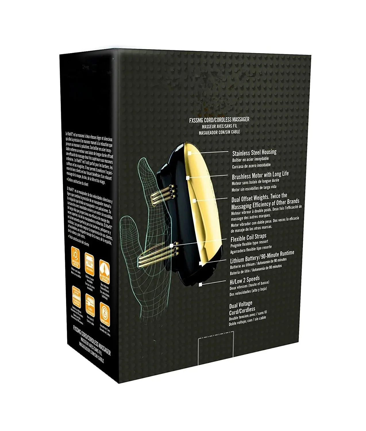 Product packaging for a black and gold cordless handheld massager with coil straps and product feature text.