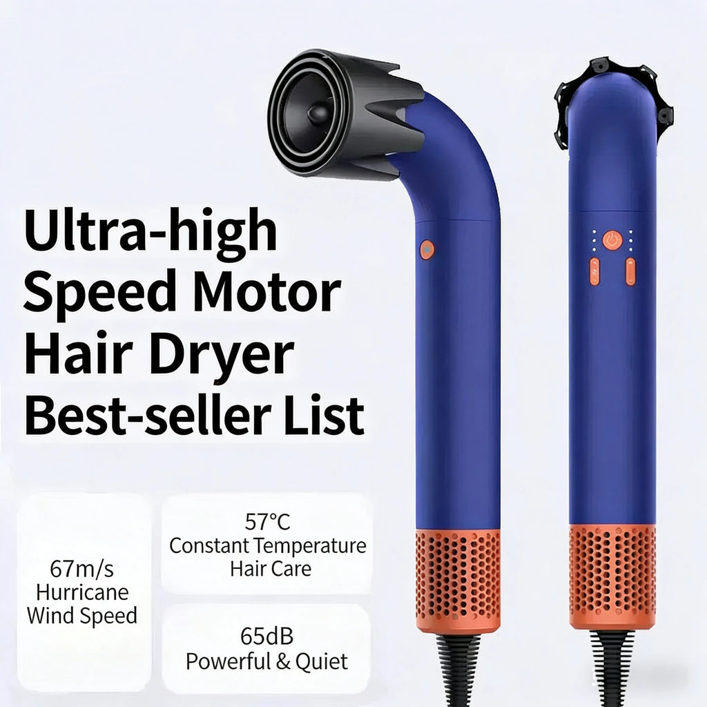 Blue and orange high-speed curved hair dryer with professional styling attachment for 30-second quick drying.