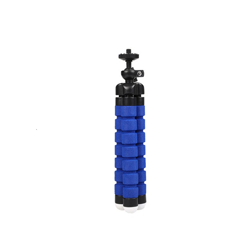 Flexible tripod with blue foam-covered legs and a black ball-head mount for stabilizing cameras or smartphones.