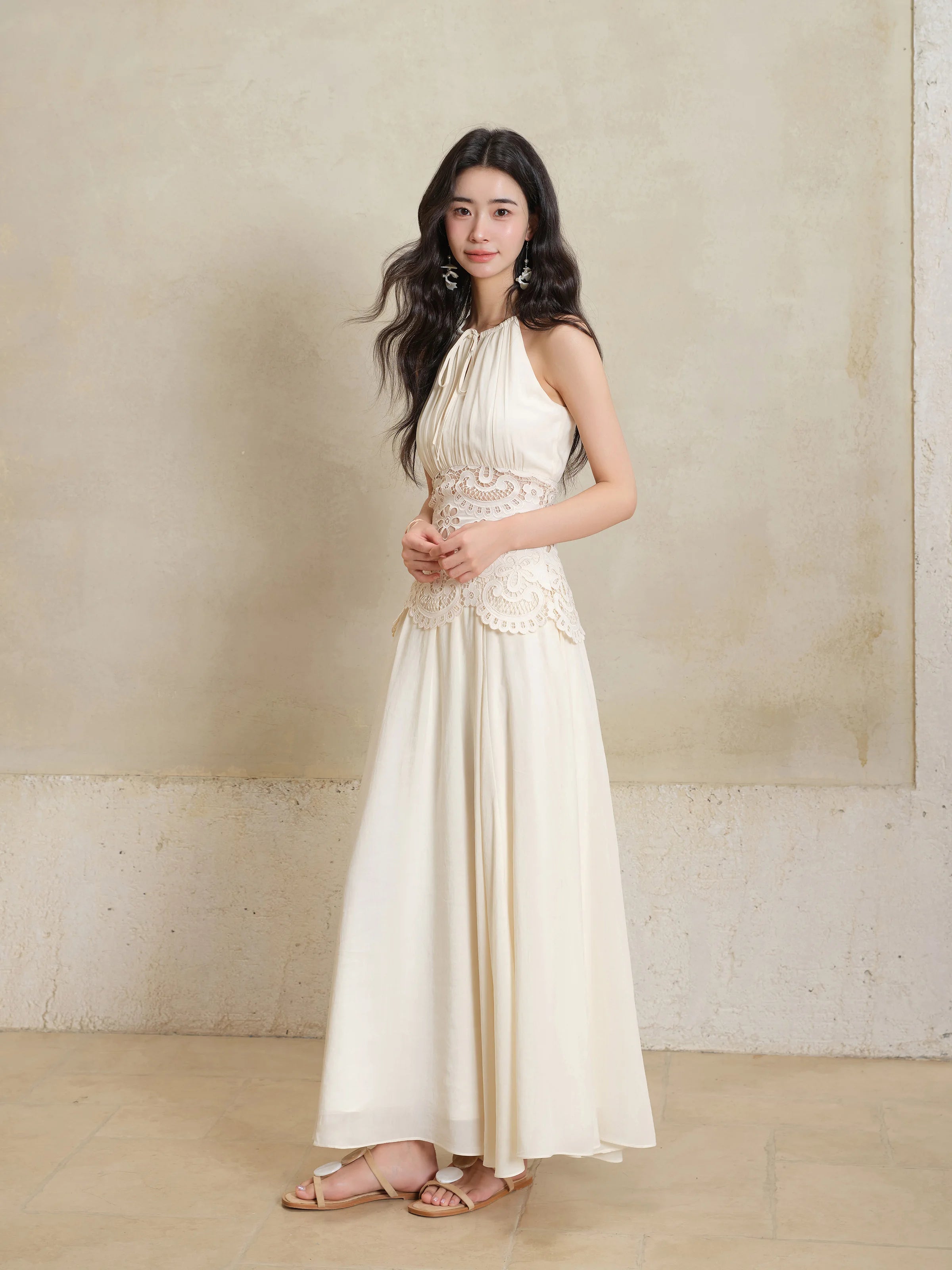 Lace Halter Maxi Dress Women Summer A-Line Slim Fit French Style Elegant Long Dress Hollow Out Sleeveless Fake Two-Piece Outfit