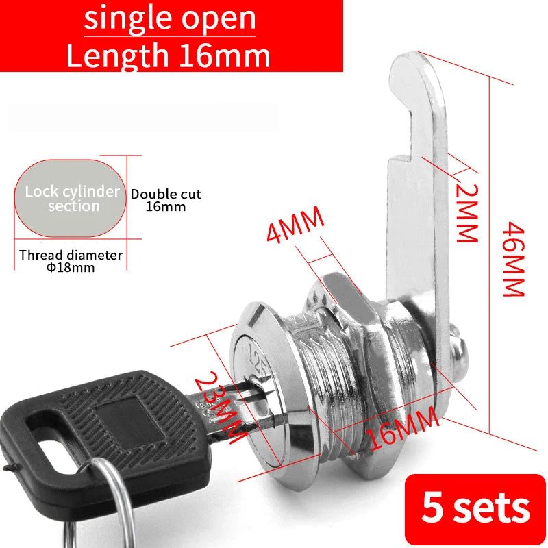 5/20SETS Metal Cylinder Cabinet Security Locker Cam Lock With 2 Keys Same Key Different Key Security Mailbox Lock Drawer 16mm