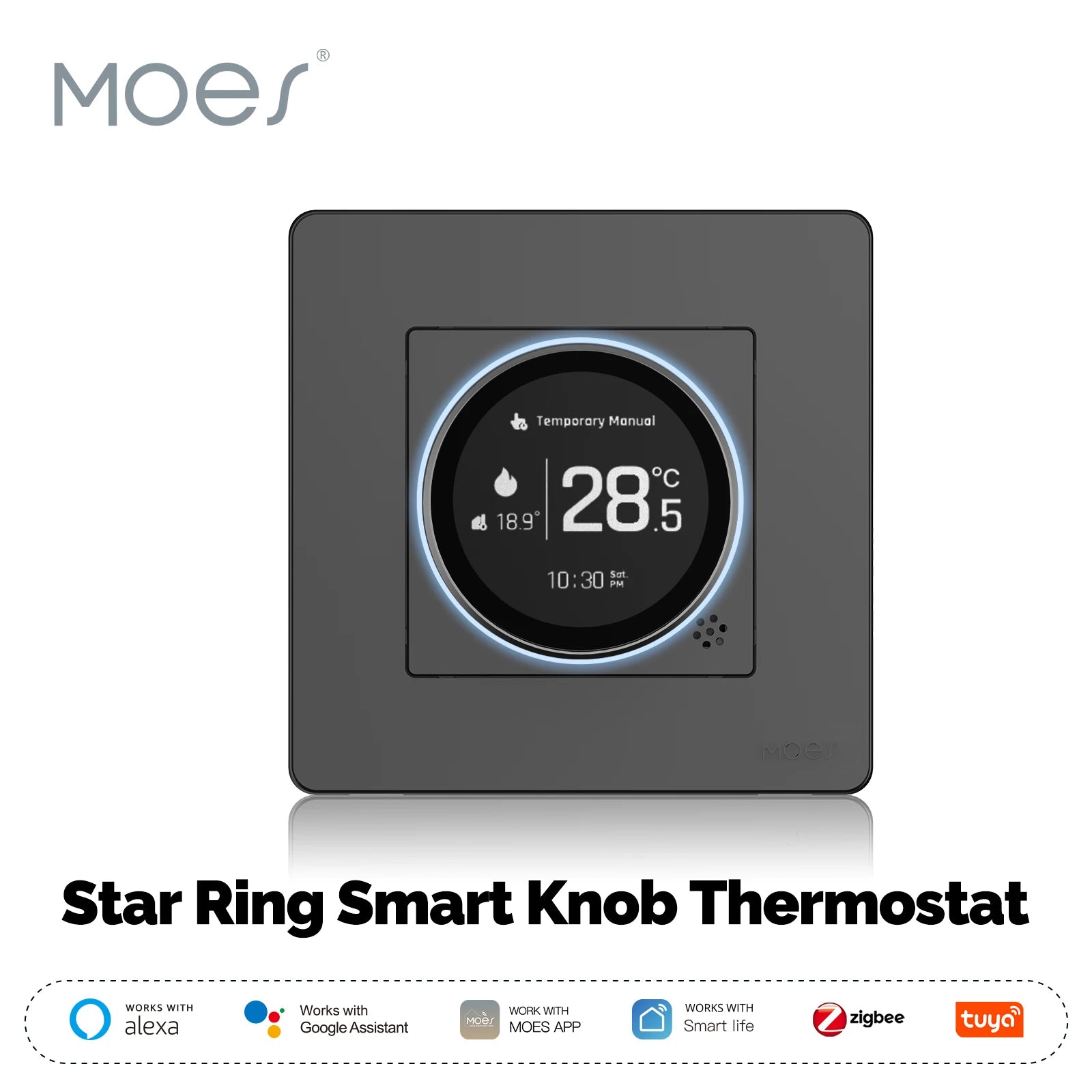 MOES ZigBee Star Ring Smart Thermostat, Knob Control for Water/Electric/Gas Boiler, Works with Alexa Google Home, 9 Languages