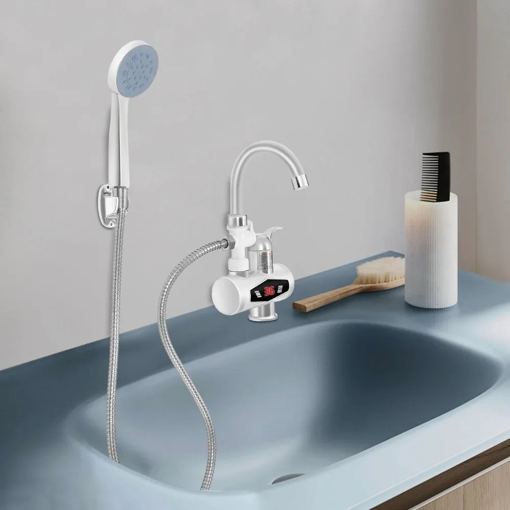 Electric Faucet, Stainless Steel Quick Heating 3000W, Kitchen Faucets with LCD Temperature Display, IPX4 Waterproof, Water Flow Control, EU Standard