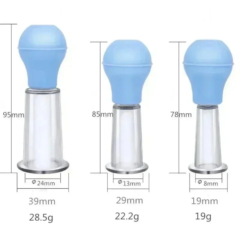Three facial massage cupping devices with light blue rubber bulbs and clear plastic cylinders of varying sizes.