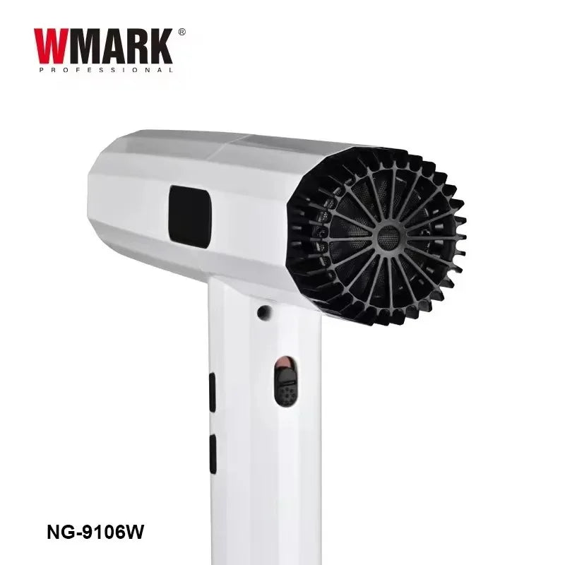 WMARK NG-9106W professional white ionic hair dryer with sleek modern design and black rear air intake vent.