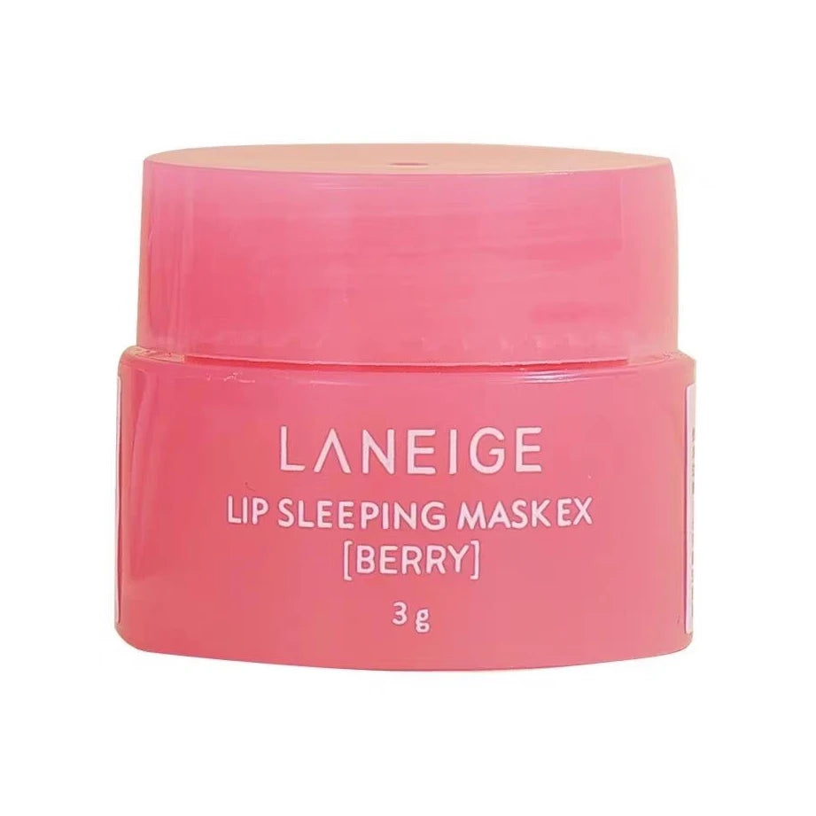 Laneige Berry Lip Sleeping Mask mini jar in pink packaging. Moisturizing lip treatment for soft, hydrated lips.
