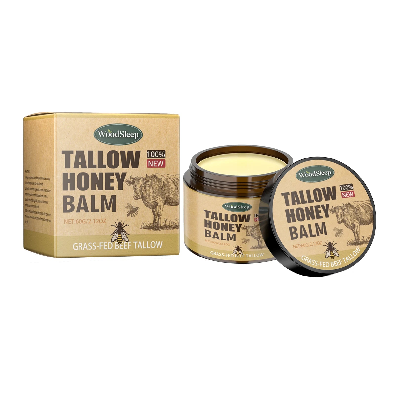 WoodSleep tallow honey balm box with matching round balm jar