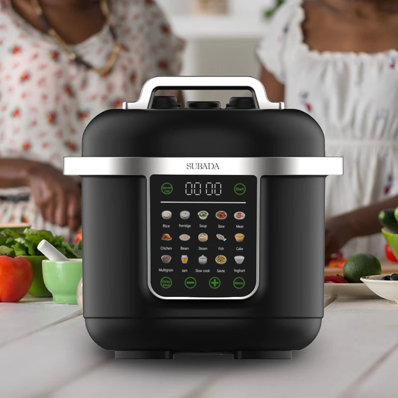 Black electric pressure cooker front with touch panel showing program icons and timer