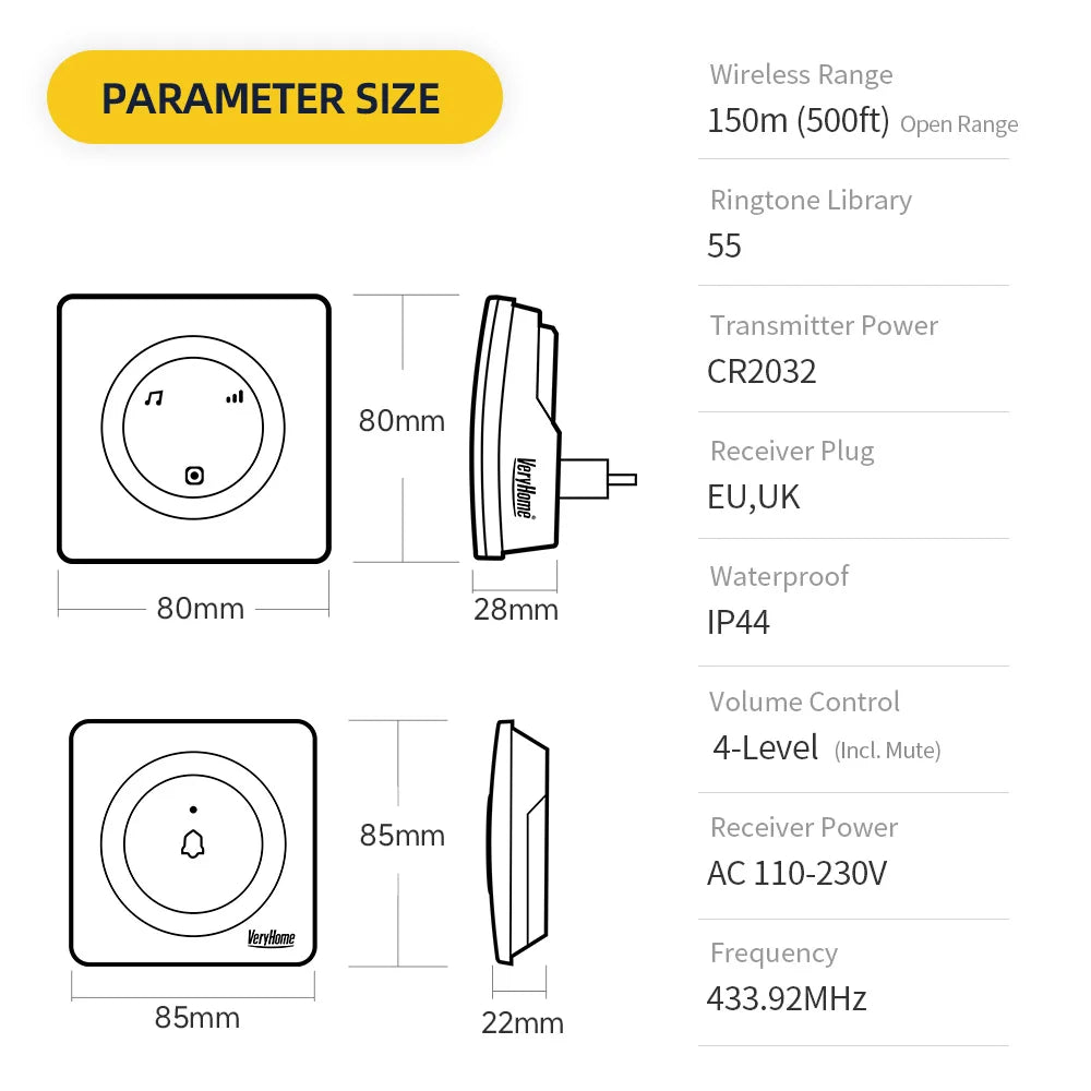 VERYHOME Wireless Doorbell with Large Button, 500ft Range, IP44 Waterproof, LED Night Light, Loud Chime, New Chip, Home Security