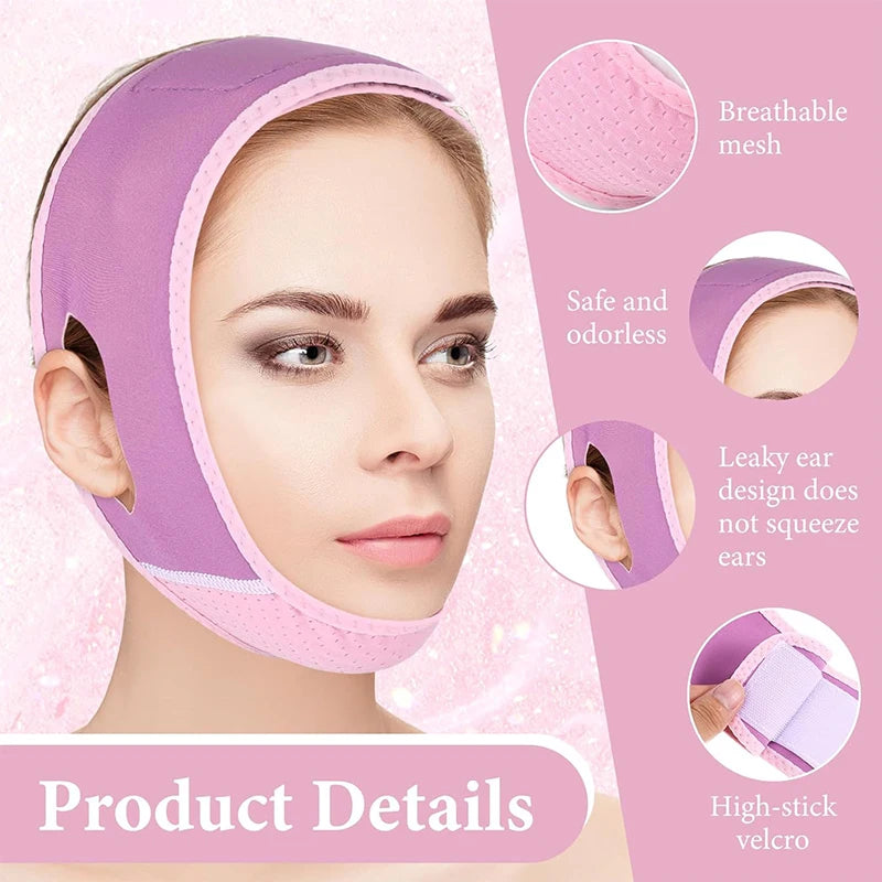 Purple and pink V-line face slimming strap with ear cutouts, breathable mesh fabric, and adjustable velcro closure.