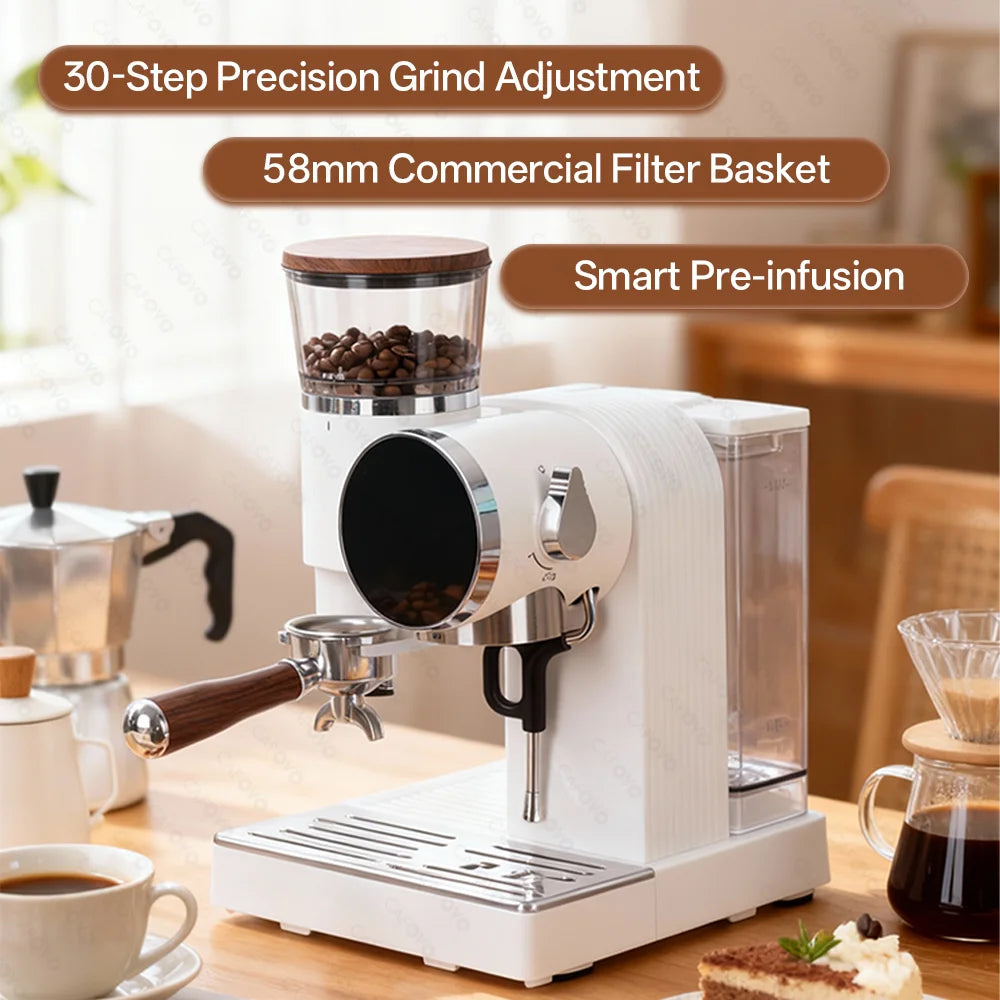 Cafovo white espresso machine with 58mm filter basket, wood-look accents, and integrated bean grinder on kitchen table.