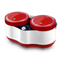 Electric double-pot rice cooker, red lids on white body with blue indicators and front knob