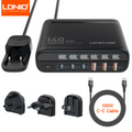 LDNIO 140W GaN international Travel Adapter USB C Charger Block 100W Port LED Display AU US UK EU Charging Station Wall Charger
