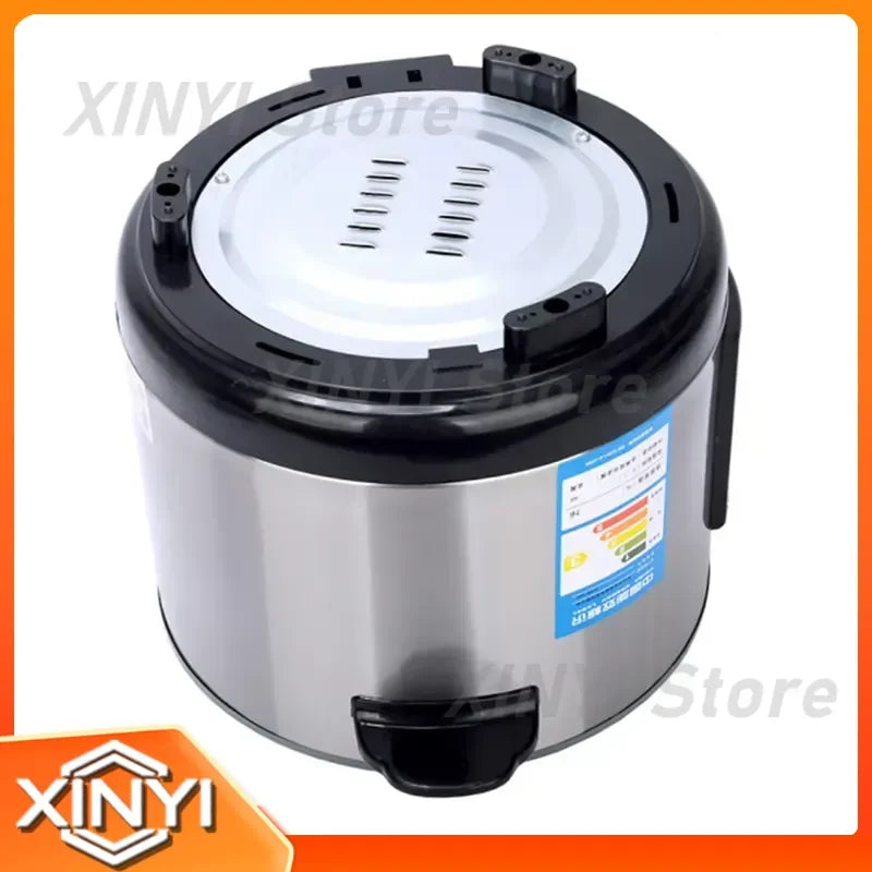 Stainless steel rice cooker with top lid vent and black handle, 5L/6L size view