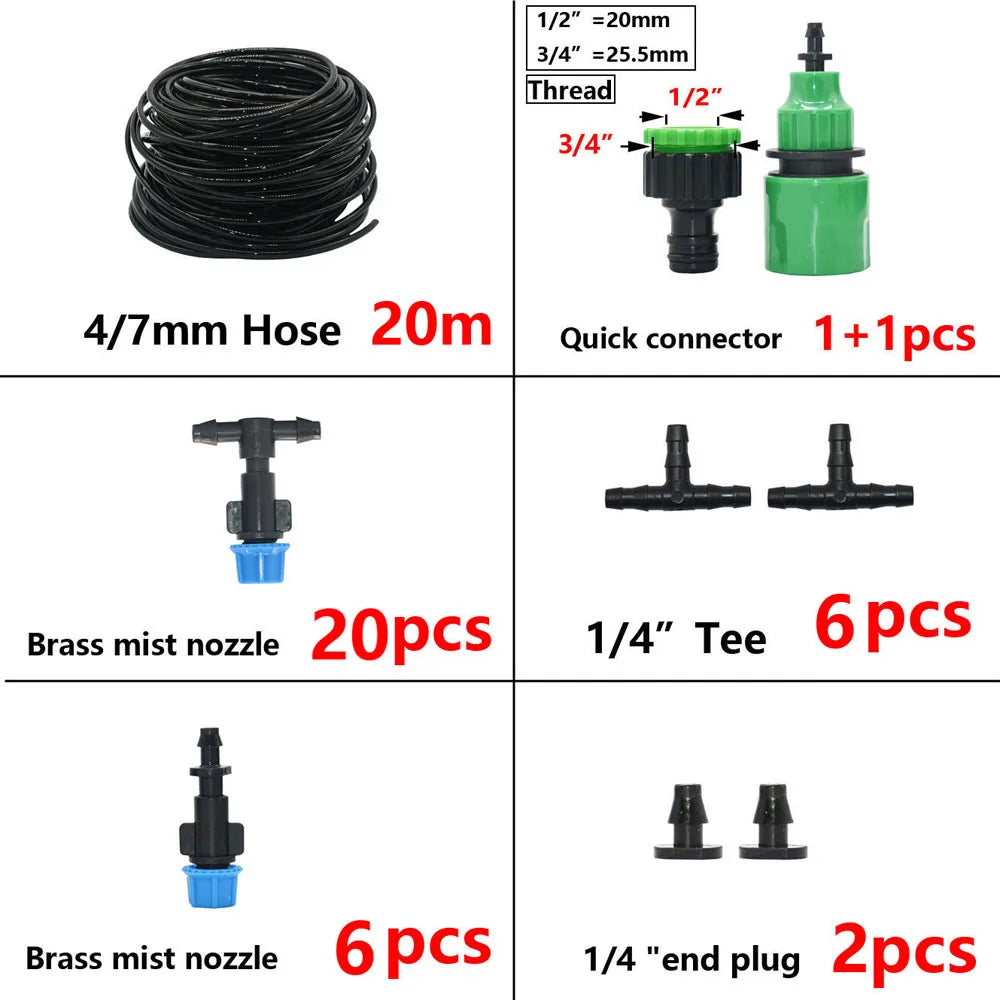 5M-30M Outdoor Misting Cooling System Garden Irrigation Watering 1/4'' Brass Atomizer Nozzles 4/7mm Hose for Patio Greenhouse