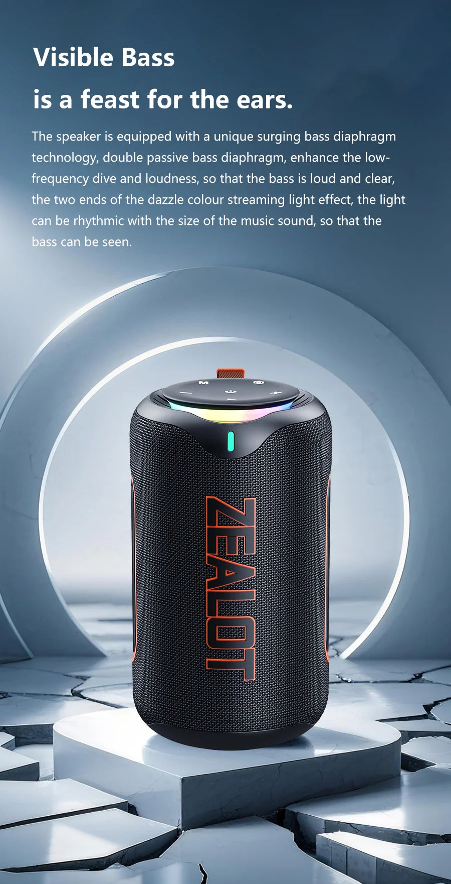 ZEALOT-MP1 60W Wireless Speakers,RGB Light,30 Hours Playtime,, Waterproof IPX 6,Wireless Speaker, Dual Pairing, 8000mAh Battery.