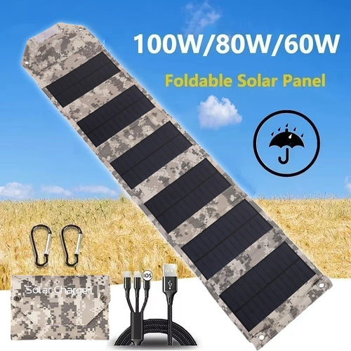 Camouflage-patterned foldable solar panel with multiple black panels, charging cables, and two metal carabiners.