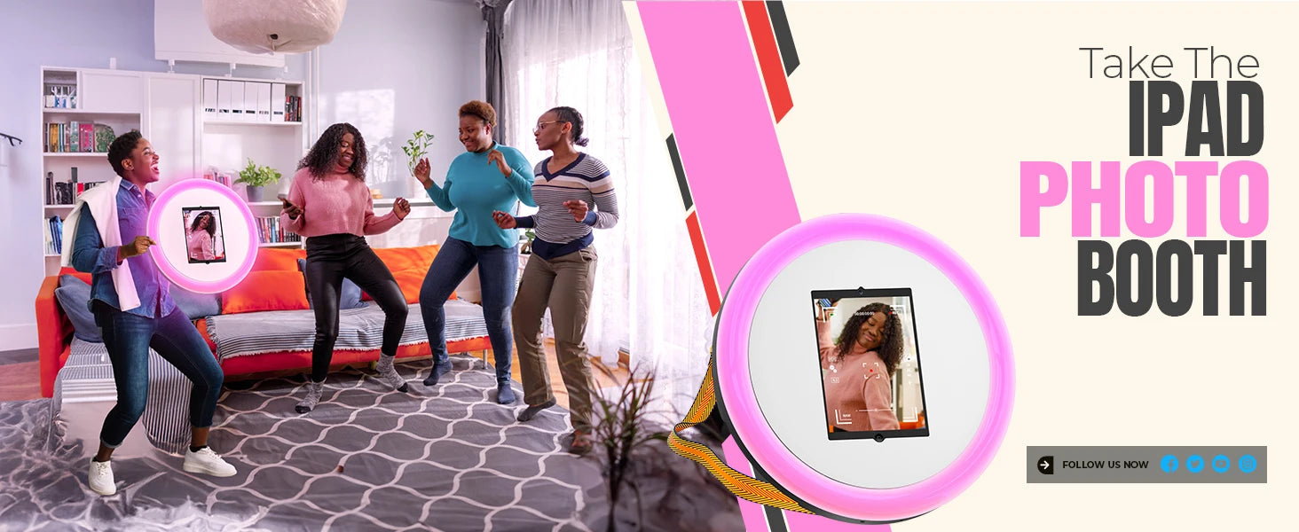 iPad photo booth featuring a circular pink LED ring light and central tablet mount for capturing events and photos.