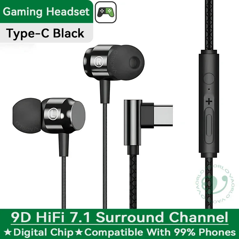 Metal Magnetic Gaming Earbuds 90° L Elbow Digital Type-C/3.5MM AUX 9D Surround HIFI Heavy Bass Music Headset For Samsung Android Type-C Black Tidesmit