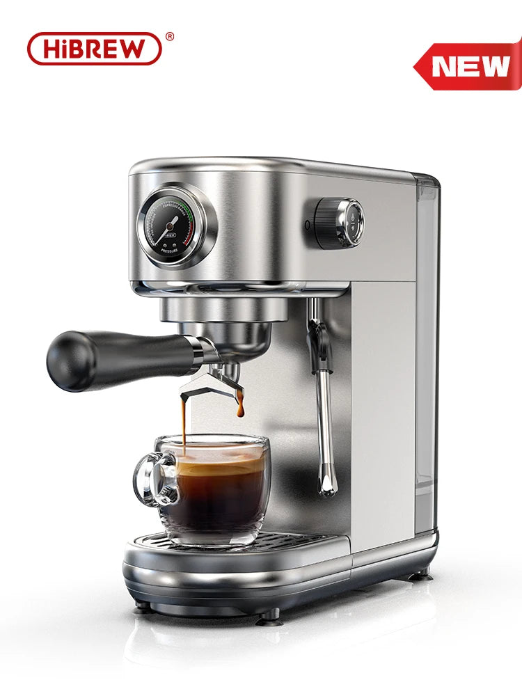 HiBREW stainless steel espresso machine with pressure gauge, steam wand, and glass cup dispensing coffee.