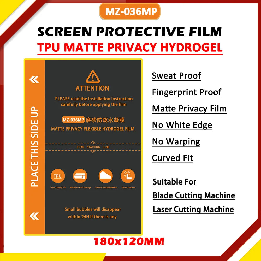 50Pcs MZSeries 120x180mm Matte Anti-peep HD Privacy Flexibility Hydrogel Film For Mobile Phone Screen Protector Cutting Machine