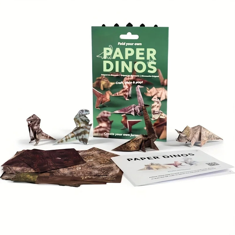 Paper Dinos origami kit for kids to fold handmade paper dinosaur crafts. Perfect gift for dino lovers and home decor.